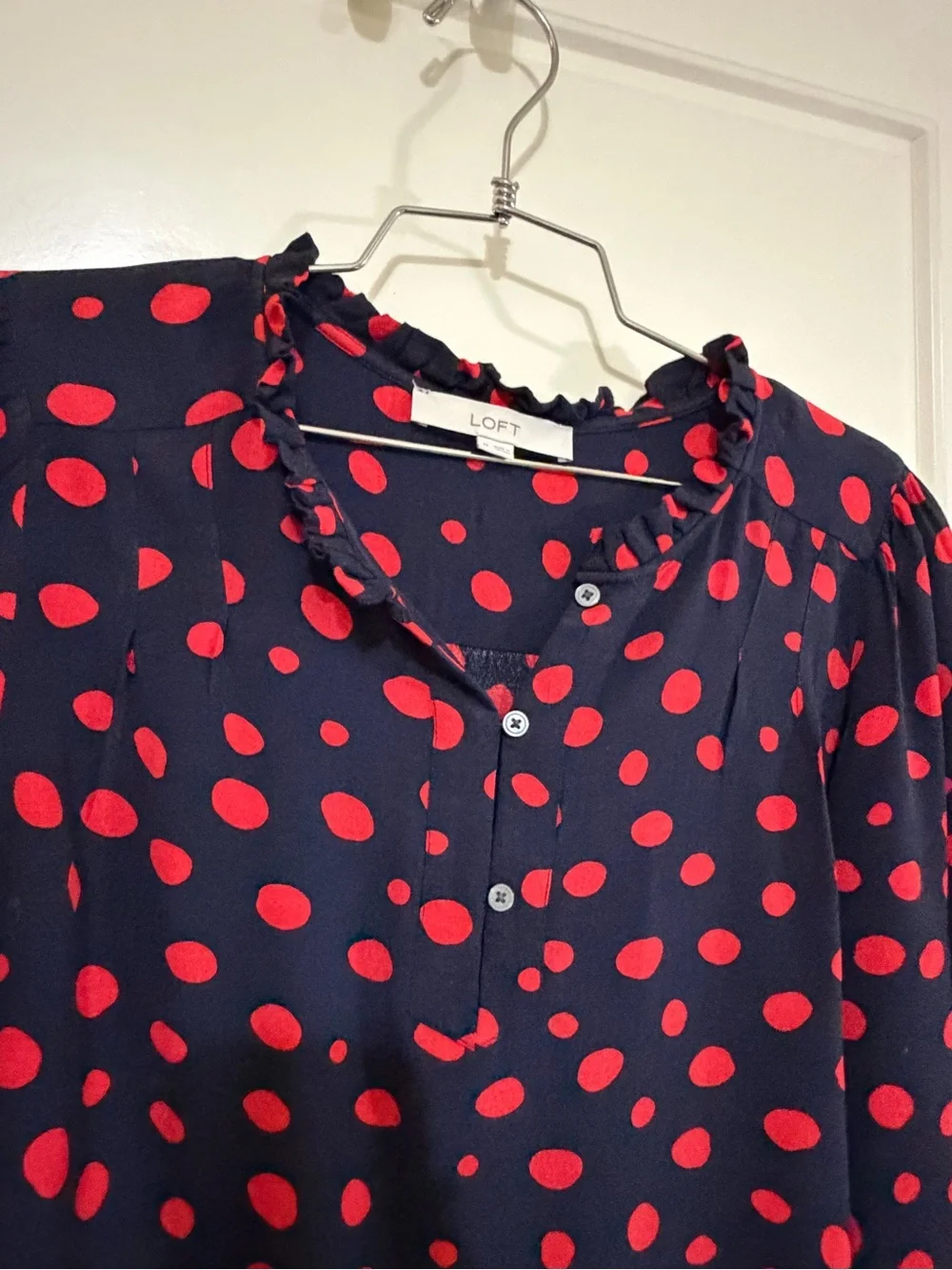 LOFT Navy Blouse with Red Polka Dot Print